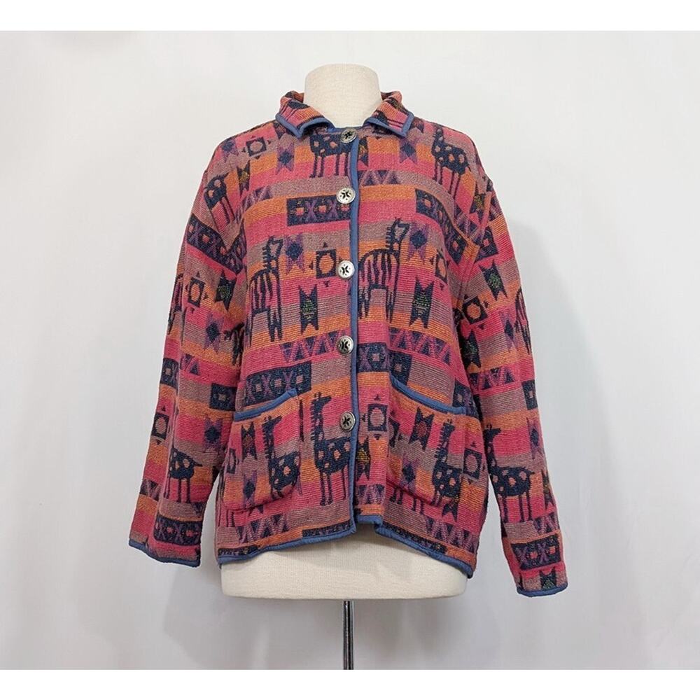 Vintage 90s Tapestry Jacket Pink Animal Stripe Statement Women's Size L